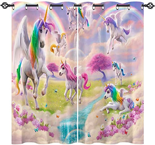 ANHOPE Regenbogen Einhorn Blume Vorhänge mit Ösen Blickdichte Gardinen Thermo Vorhang Blackout Curtain Schlafzimmer Wohnzimmer Kinder Mädchen Verdunklungsvorhänge 2er Set H 160 x B 77 cm