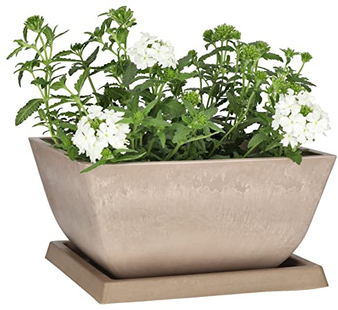 KOTARBAU® Maceta de Materiales reciclados 25 x 25 cm, Maceteros reciclados, Macetero con Plato, Macetero Cuadrado, Macetero Beige Reciclado, Maceta ecológica, Tiesto para Plantas para Exteriores