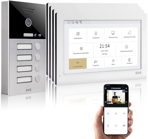 GVS IP Video Türsprechanlage mit Türöffner - 4x10 Monitor & App | Smarte Video Türklingel mit Kamera und Monitor & App - Gegensprechanlage mit Türöffner für 4 Familienhaus (AVS5418A)