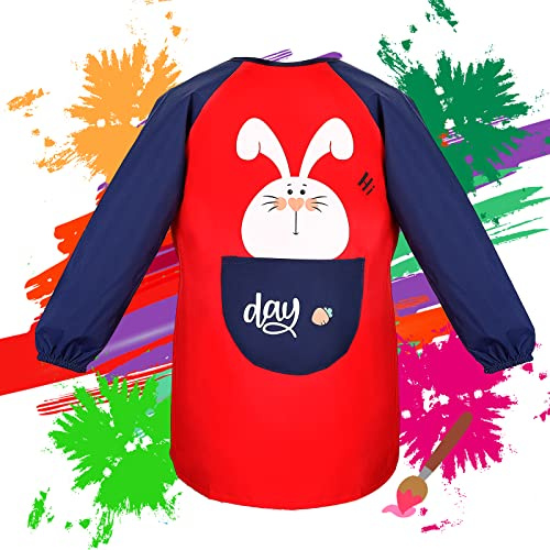 Romon Doble Impermeable Bata Plastico Niños de 6 a 8 Años, color delantal infantil con bolsillos, Pintura Rojo (Drawing smock red)