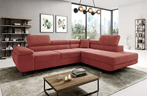 MODERNO Ecksofa mit Schlaffunktion aus Cord - Big Sofa ASTORP - Couch L Form - Schlafsofa mit Bettkasten und Kopfstützen - 277x203x100 cm - Rechts - Rot - Poso 29