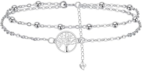 J.MUEN Arbre de Vie Bracelet de Cheville pour Femme Argent Sterling 925 Double Chaînes avec Boules Été Pieds Nus Fête Sur la Plage Chaînes de Cheville avec Zircones, Réglable (22+4cm)