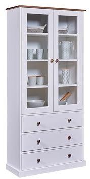 Inter Link – Vitrinenschrank – Buffet-Schrank - Geschirrschrank - Esszimmerschrank - Landhausstil – Vitrine - Kiefer - Massivholz FSC – 2 Türen – 3 Schubladen – 90 x 190 x 38 cm -Westerland 10 – Weiß