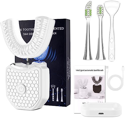 Spazzolino Ad Ultrasuoni Automatico, Setole di Aggiornamento a 360 ° Elettrico Kit di Sbiancamento dei Denti, Spazzolini da Denti per Ricarica Confezione Regalo, IPX7 Impermeabile (Bianco)