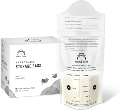 Amazon Basics Breastmilk Storage Bags, Pre-Sterilized, BPA Free, Double Zips, for Refrigeration and Freezer Storage, 100 Count, 6 fl oz (Previously Mama Bear)