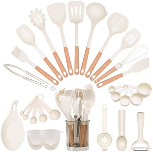 Silikon Küche Kochutensilien Set, 28-teiliges Hitzebeständig Kochutensilien mit Utensilienhalter, Antihaftbeschichtet BPA-frei Spülmaschinenfest, Wender Zange Schneebesen Kelle Löffel (Weiß)
