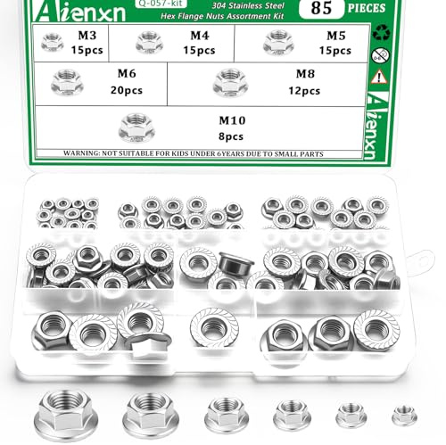 Aienxn 85PCS 6 Metric Sizes 304 Stainless Steel Hex Flange Nuts Assortment Kit-M3 M4 M5 M6 M8 M10