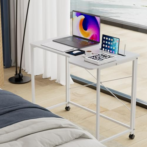 PIPIPOXER Klapptisch Schreibtisch Computertisch Laptoptisch,Faltbar Computertisch mit einen Einschnitt und drehbarer Rollen für Schlafzimmer,Büro,Bett,Sofa,Homeoffice,Arbeitszimmer Weiß 90x56x75cm