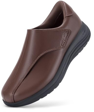 FitVille Extra Wide Diabetic Leather Shoes for Women Slip On Dress Shoes for Swollen Feet, Brown, 5, X-Wide