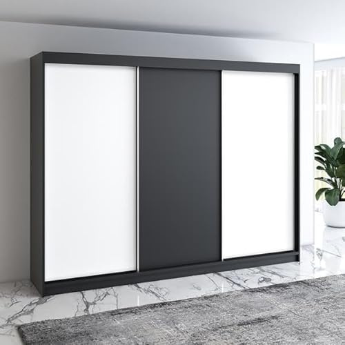 A&J MöbelLand Mero Schwebetürenschrank 200 cm, Kleiderschrank 3-türig mit 4 Schubladen (Schwarz/Weiß)
