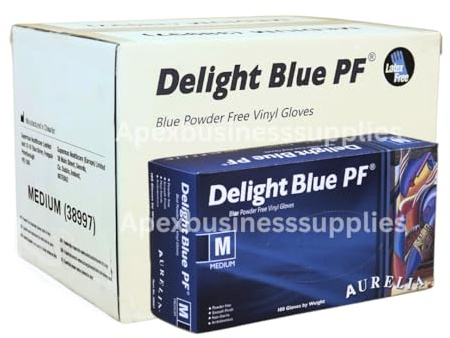 Apex Business Supplies Medium 1000 Vinyl Blue Gloves Delight PF Disposable Gloves | Powder Free and Non-Sterile Multipurpose Strong Disposable Gloves | Medical & Food Grade Gloves 10 Box