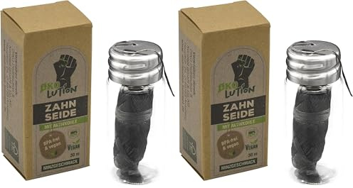 Ökolution Premium Zahnseide, BPA-frei und vegan, 30 Meter Länge, mit Aktivkohle, reinigt die Zahnzwischenräume, im wieder-verwendbaren Glasbehälter mit Deckel (Packung mit 2)