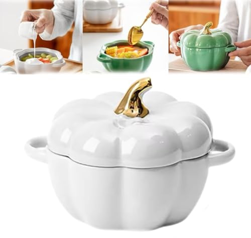 Bol à citrouille d'automne en céramique avec couvercle, passe au four, 425,2 g, pot de rangement décoratif en forme de citrouille, pour la maison, Thanksgiving, Halloween, fête (blanc)