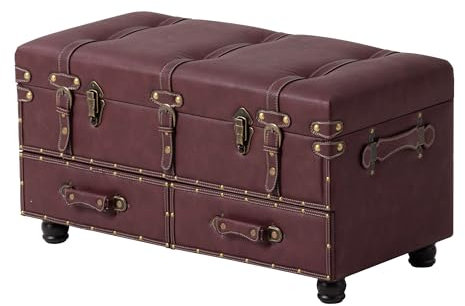 homeguru Bettbank Retro-Box Vintage Couchtisch Nachttisch-Box Rot-Braun, Polsterbank Kleiner Hocker Ottomane Sitzbank mit Stauraum Truhenbank mit Schubladen, Aufbewahrungskiste mit Deckel, 80X40X44CM