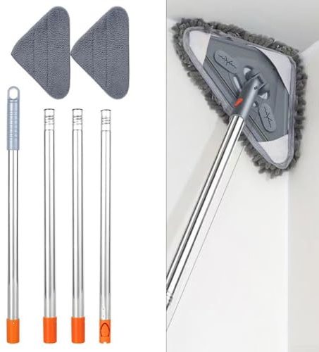 Mocio triangolare versatile con manico lungo 200 cm, strumento per la pulizia del soffitto per lavare pareti dipinte, scrubber triangolare per battiscopa con 2 cuscinetti in microfibra