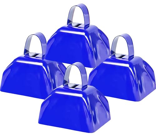Metal Cow Bell Noise Maker - 3 Inch Pack of 4 - Small Loud Metal Cowbell Noisemaker with Handle - Great for Football Games, Sporting Events, Weddings, New Year's Eve, Birthday Parties
