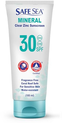 Safe Sea Zinc Oxide Sunscreen SPF30 | Clear Mineral Face And Body Sunscreen Without White Cast | Anti-Jellyfish Sting Protective Lotion | Travel Size - 100ml