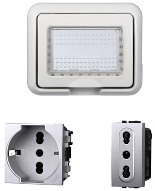 Kit Placca Scatola 503 Premontato IP55, 3 Moduli Presa Schuko + Presa Bipasso 10/16A, Compatibile Con Bticino Living, Colore Grigio, Placca Stagna Idrobox Incasso Da Esterno