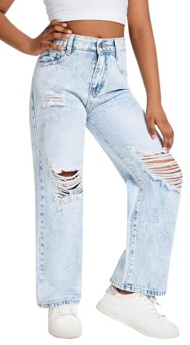 Happy Cherry Filles Jeans Déchiré Baggy Bleu Clair Denim Pantalon Enfant Rétro Troué Jeans à Jambes Larges Taille Elastique Respirant avec Poches, 9-10 Ans