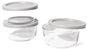 Set di 3 contenitori per alimenti in vetro con coperchi grigi, ciotole rotonde, trasparenti (contenitori per alimenti in vetro, set da 6 pezzi, 2 tazze (3 contenitori + 3 coperchi))