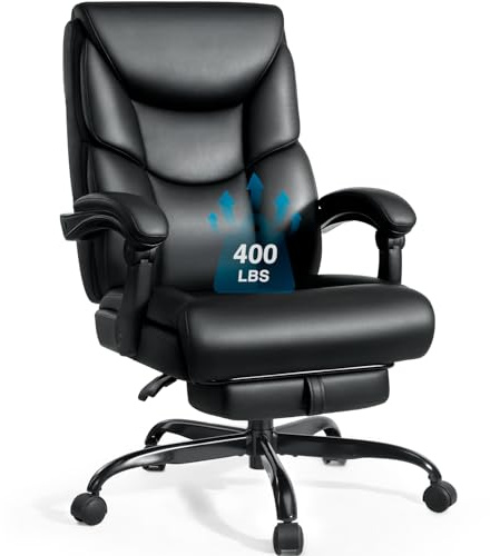 WAILOR 400lbs Office Chair with Foot Rest, Reclining Big and Tall Office Chair with Lumbar Support Spring Cushion, High Back PU Leather Computer Chair,Comfy Desk Chair for Home Office