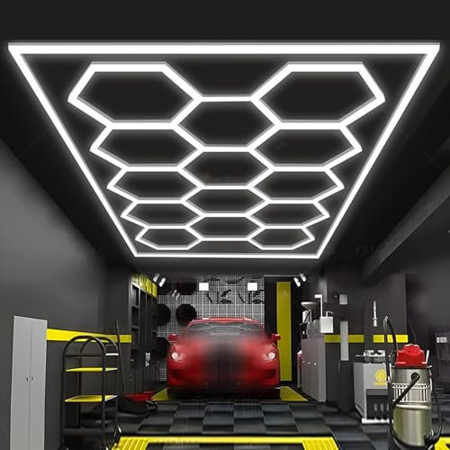 SJDUYD Sechseckige LED-Decken- und Wandlampe für Autowerkstätten, Waben-Arbeitslampe, LED-Wabenleuchten, Farbtemperatur 6500 K, Arbeitsplatz- und Werkstattbeleuchtung 14 HEX with FRAME