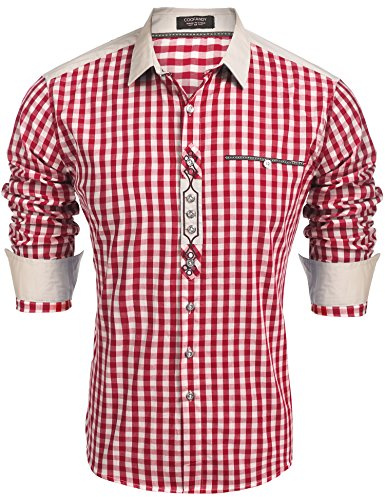 COOFANDY Trachtenhemd Herren Oktoberfest Hemd Karriert Regular Fit Bayrisches Hemd Männer Trachten Hemden Oktoberfest Herren Outfit Karohemden Baumwolle 45-winerot XL