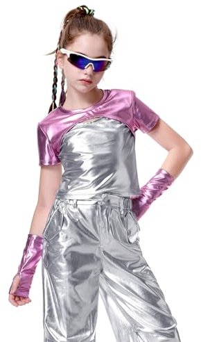 LOLANTA Metallisk Topp Dans Skjorta Flicka Jazz Modern Hip-Hop Nattklubb Glänsande Danstopp med Metallärmar, Rosa, 6-7 år