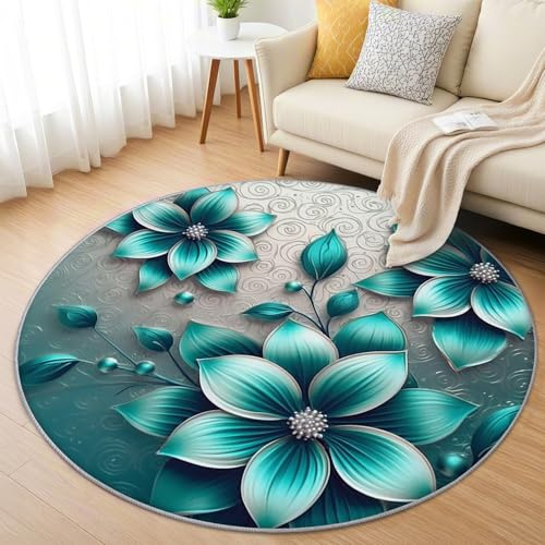 AevuCub Abstrakte Blumen Teppich Rund 60 cm Kurzflor - Waschbare Teppiche Wohnzimmer Türkis - Runder Teppich 60 cm Durchmesser Kinderzimmer - Bettvorleger Schlafzimmer rutschfest Weich