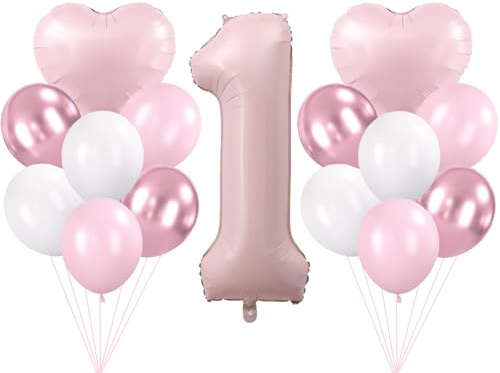 DazzJoy Luftballon 1. Geburtstag Mädchen Deko mit Herz Folienballon, 32 Zoll Luftballons Zahlen 1 Rosa, Geburtstagsdeko 1 Jahr Mädchen Junge, Helium Ballon 1 Geburtstag Mädchens Deko