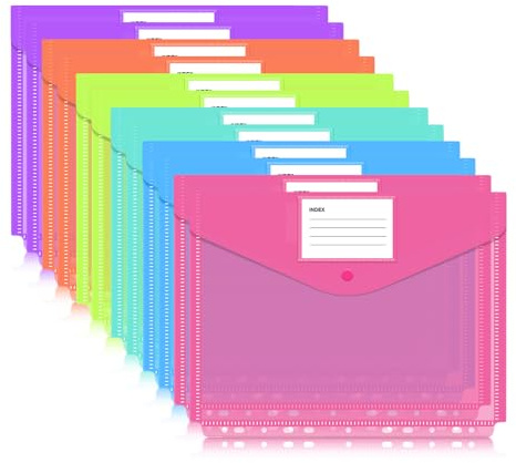 muhogxio Cartellina Portadocumenti A4 Tridimensionale 12 Pezzi, Cartellina Porta Documenti con Apertura a Busta e Bottone per Casa Ufficio Scuola (6 Colori)