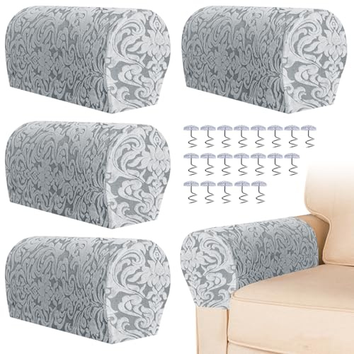 Armrest Chair Covers, Set of 4 Stretch Armchair Couch Armchair Covers for Arms Sofa, Anti-Slip Spandex Polyester Sofa Chair Arm Caps for Furniture Protector, Chairs, Sofas, Recliner (Light Gray)