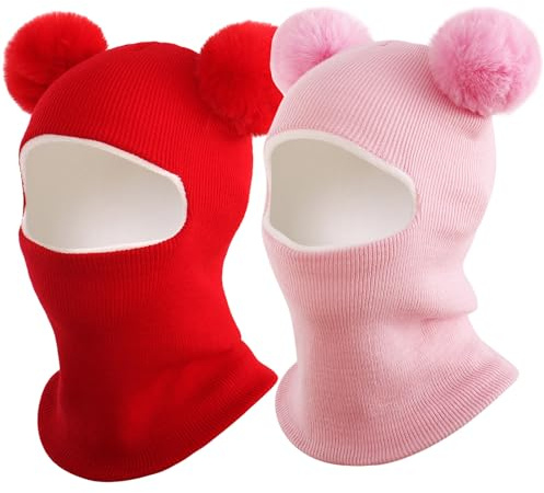 Exemaba Toddler Winter Hat Fleece Lined Scarf Set- 2pcs Kids Balaclava Hat Cute Pompom Warm Baby Earflap Beanies for 1-5y(Red & Pink)
