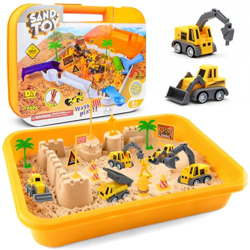 YURDELF Kit di Gioco di Sabbia Magica per Bambini, sabbiera con Veicoli da Costruzione e segnali stradali, Regalo di Giocattoli sensoriali per Bambini dai 3 agli 8 Anni