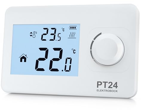 Termostato de Ambiente ELEKTROBOCK PT24 con Pantalla LCD | Termostato de Pared Apto para Todo Tipo de calderas | Alimentación por Pilas (2 x AAA) | No Requiere programación