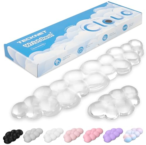 TECKNET Wolke Handballenauflage Tastatur, Ergonomisches, Gel-Füller & Weich und Bequem, Gegen Müdigkeit, Wasser- und schmutzabweisend, 2-In-1 Handauflage Set Für Büro/PC/Gaming/Computer-Transparent