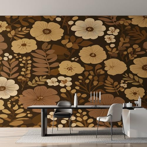Generisch Tapete Blumen Retro, 70er Jahre Braune Blumen Fototapete Wohnzimmer Schlafzimmer Tapeten, Vliestapete Wandtapete, Mustertapete Wanddeko 100x70 cm (B x H) Y&W18