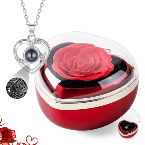 Ideal Swan Preserved Red Rose Gifts for Women, Handmade Eternal Rose Gift with I Love You Necklace, Rotating Flower Box for Wife Girlfriend Mum - Valentine's Day, Anniversary, Mother's Day, Birthday