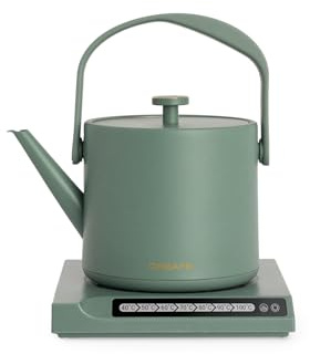 CREATE/HATTORI STUDIO/Hervidor de agua eléctrico 0.5 L verde sage/Calienta y mantiene, sistema de seguridad, termostato, pantalla digital, indicador de temperatura, 880W