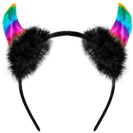 TrendandStylez Regenbogen Teufelshörner Haarreif mit Plüsch | Bunte Hörner für Pride, CSD, Karneval & JGA | Kostüm Accessoire für Damen & Mädchen