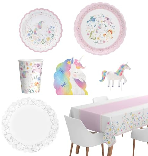 OH YEAH - Kit Vajilla Desechable 12 Personas Fiesta Unicornios Mágicos - 82 piezas - Platos, Vasos, Servilletas y Mantel - Decoración Mesa Cumpleaños Infantil - Celebraciones y Fiestas Temáticas