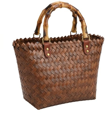 Monetais vävd väska, handvävd vävd strandväska för kvinnor med bambuhandtag, stor kapacitet bruna korgväskor 30 cm x 7,9 cm