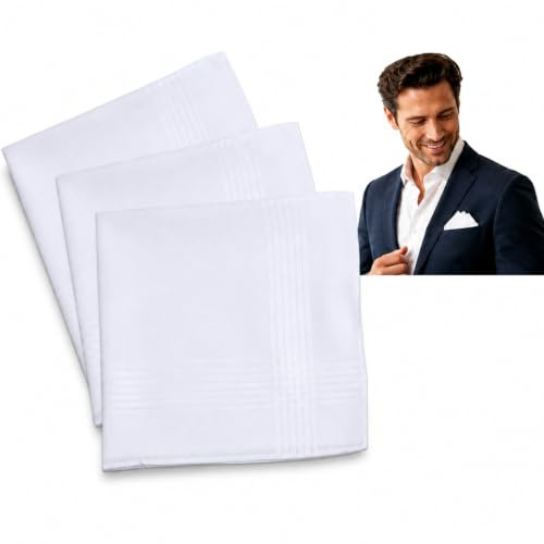 PAXQNVTR 3 Pcs Men’s Cotton Handkerchiefs, White Pocket Square with Satin Border, 40 x 40 cm / 15.75 x 15.75 in, Reusable Suit Handkerchiefs for Men