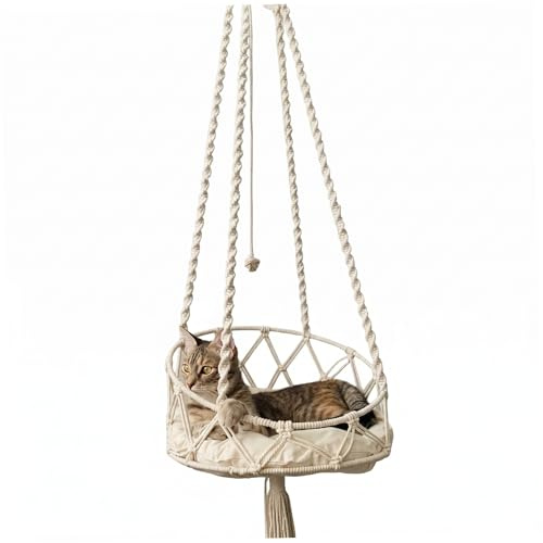 Cama Colgante para Gatos, Hamaca Colgante para Gatos, Columpio Tejido a Mano con cojín Suave y pompón para Interior y Exterior, Color Blanco.
