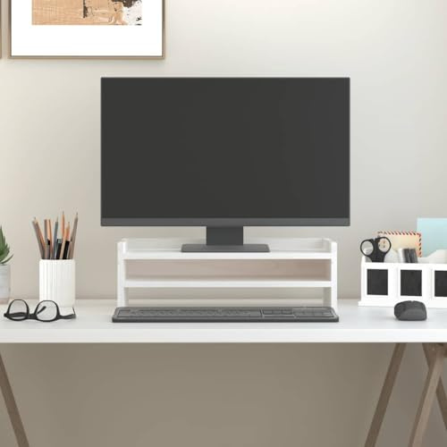 Zentexion monitorstativ vit av massiv furu 50 x 24 x 16 cm stabilt skrivbordsfäste ergonomiskt för kontorsbord hemmakontor spelbord utrymmesbesparande med lagringsutrymme