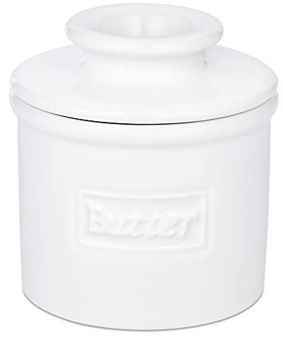 Butter Bell Crock by L. Tremain French Ceramic Butter Keeper, White | Café pattern crock in a glossy finish. Water seal keeps butter fresh & spreadable—no refrigeration needed.