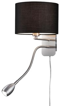 Trio Leuchten Wandleuchte Hotel 271170202, Metall Nickel matt, Stoffschirm schwarz, inkl. 1x 3.1 Watt LED, exkl. 1x E14, getrennt schaltbar, Lesearm flexibel, Flex Connect