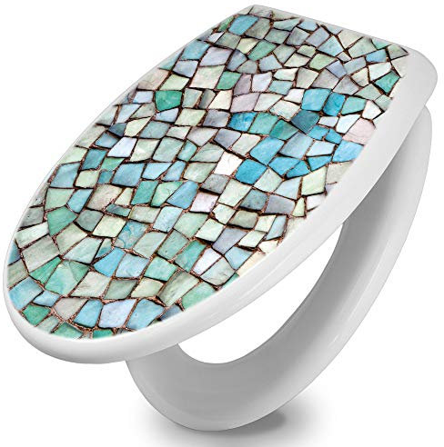 banjado Toilettendeckel mit Absenkautomatik 44,5x37cm / WC Brille Soft Close/hygienischer Toilettendeckel/Klodeckel Duroplast Edelstahl Scharniere einfache Montage/Motiv Mosaik Blau