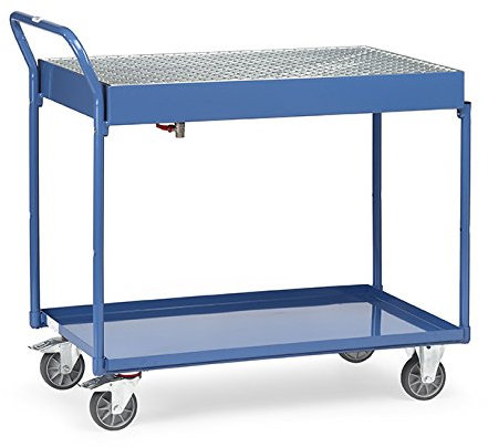 Fetra - Tischwagen 1000 x 600 mm mit Stahlblech-Wanne 100 mm hoch und Gitterrost - Stahlrohrkonstruktion blau pulverbeschichtet