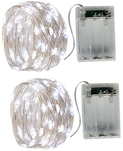 BXROIU 2 x Guirnalda luces pilas,2 Modo Luces Plata Alambre Cadenas 2 metros 20 leds para Decoración dormitorios, jardines, fiestas, Navidad, Halloween, bodas y más (Blanco frío)